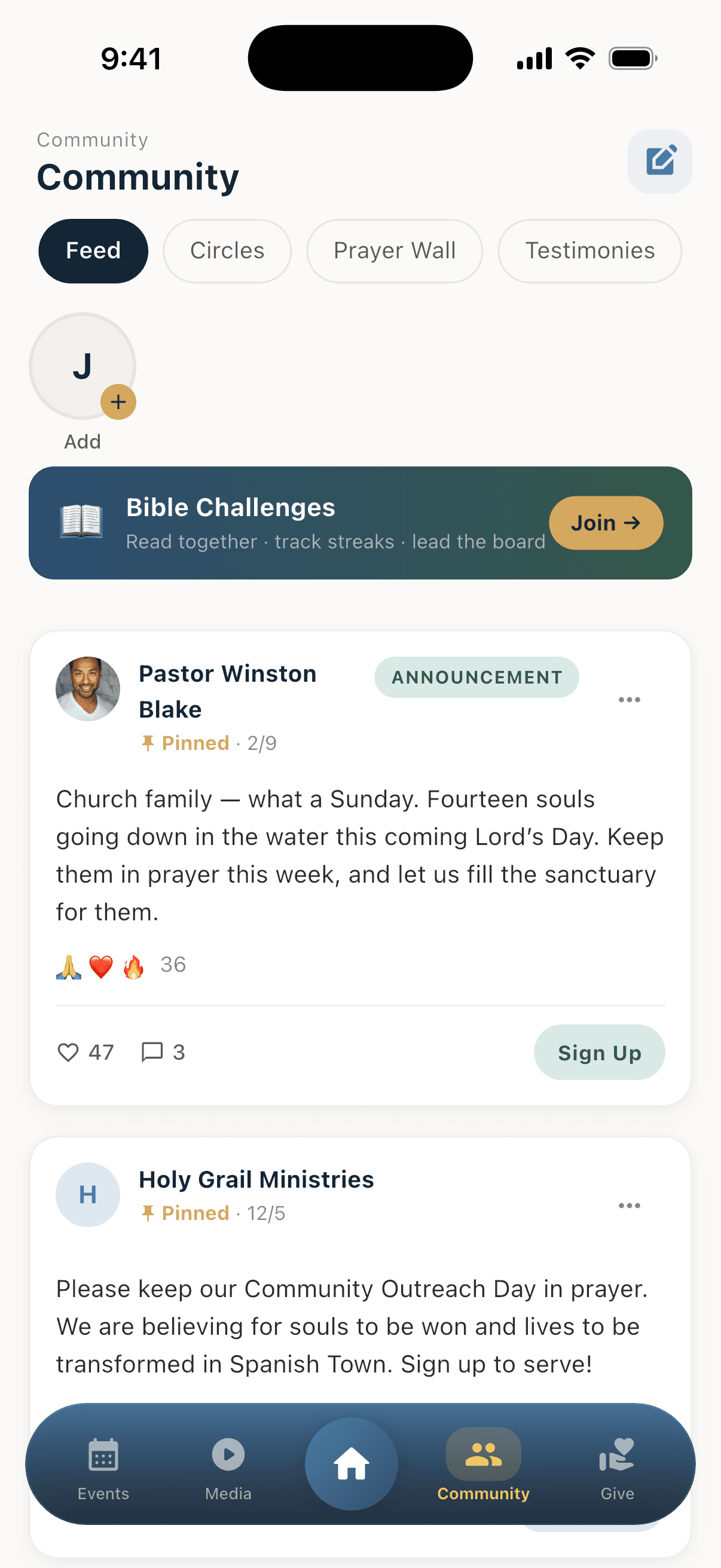 ChurchDay Community tab with the church feed and prayer wall
