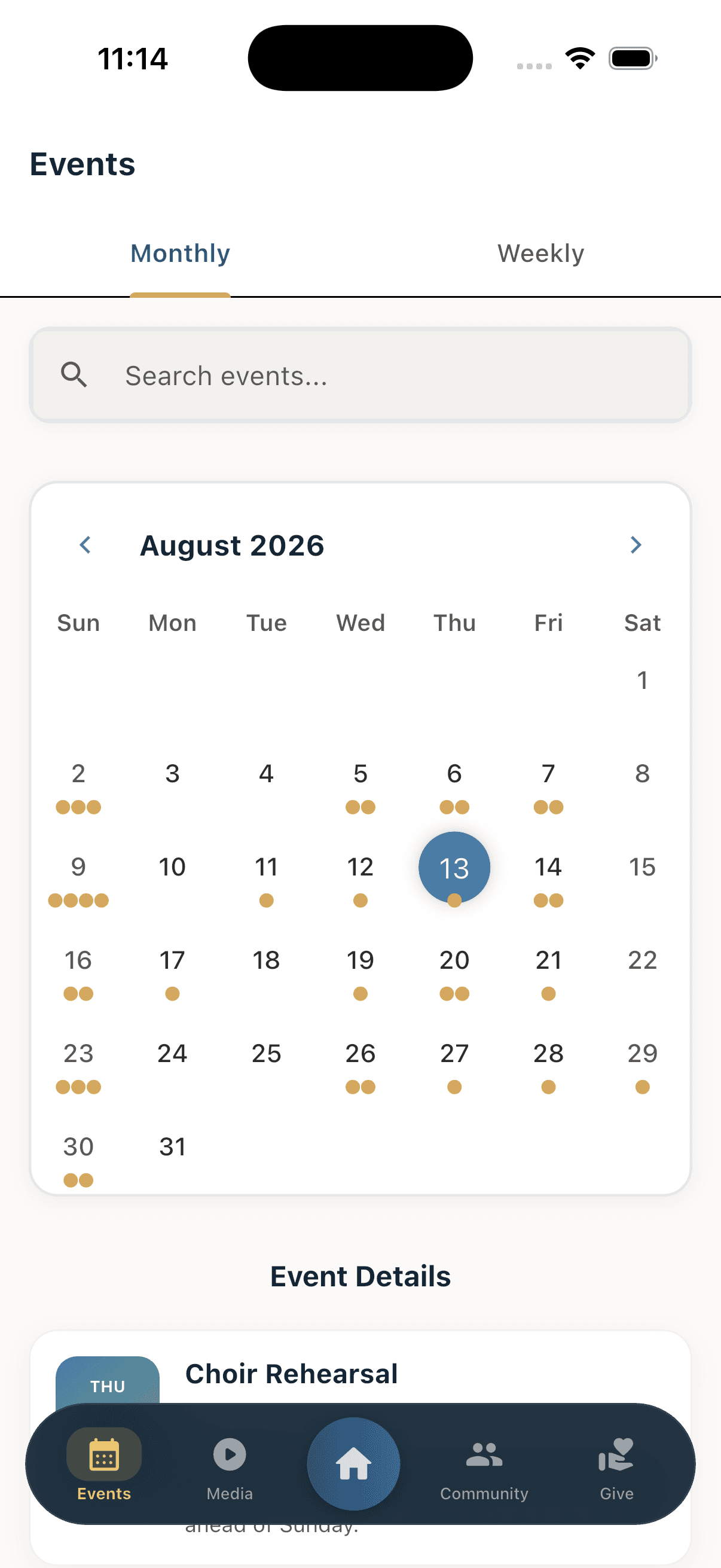 ChurchDay Events tab showing a month calendar of church services and activities