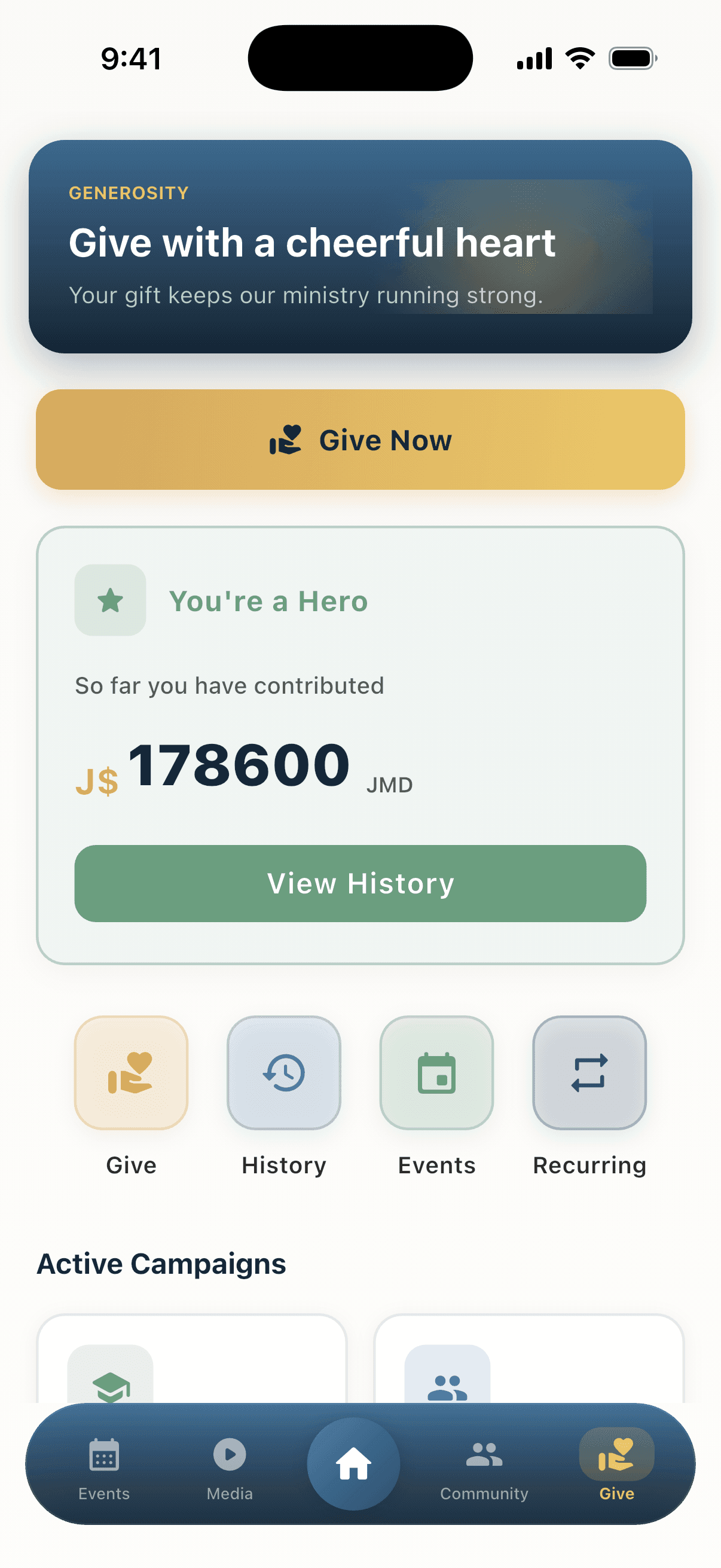 ChurchDay Give tab with a Give Now button, giving history and active campaigns