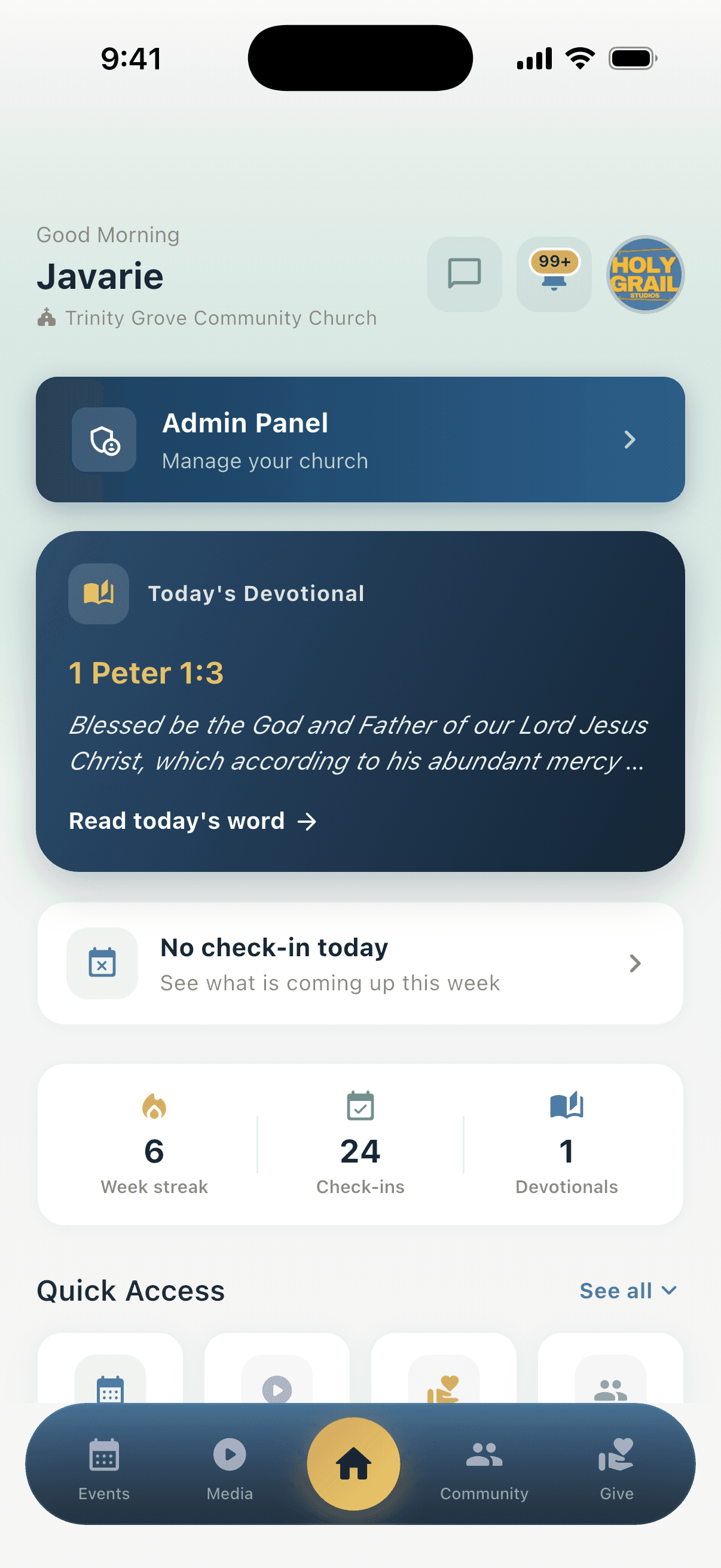ChurchDay Home tab with today's devotional, check-in streak and the admin panel