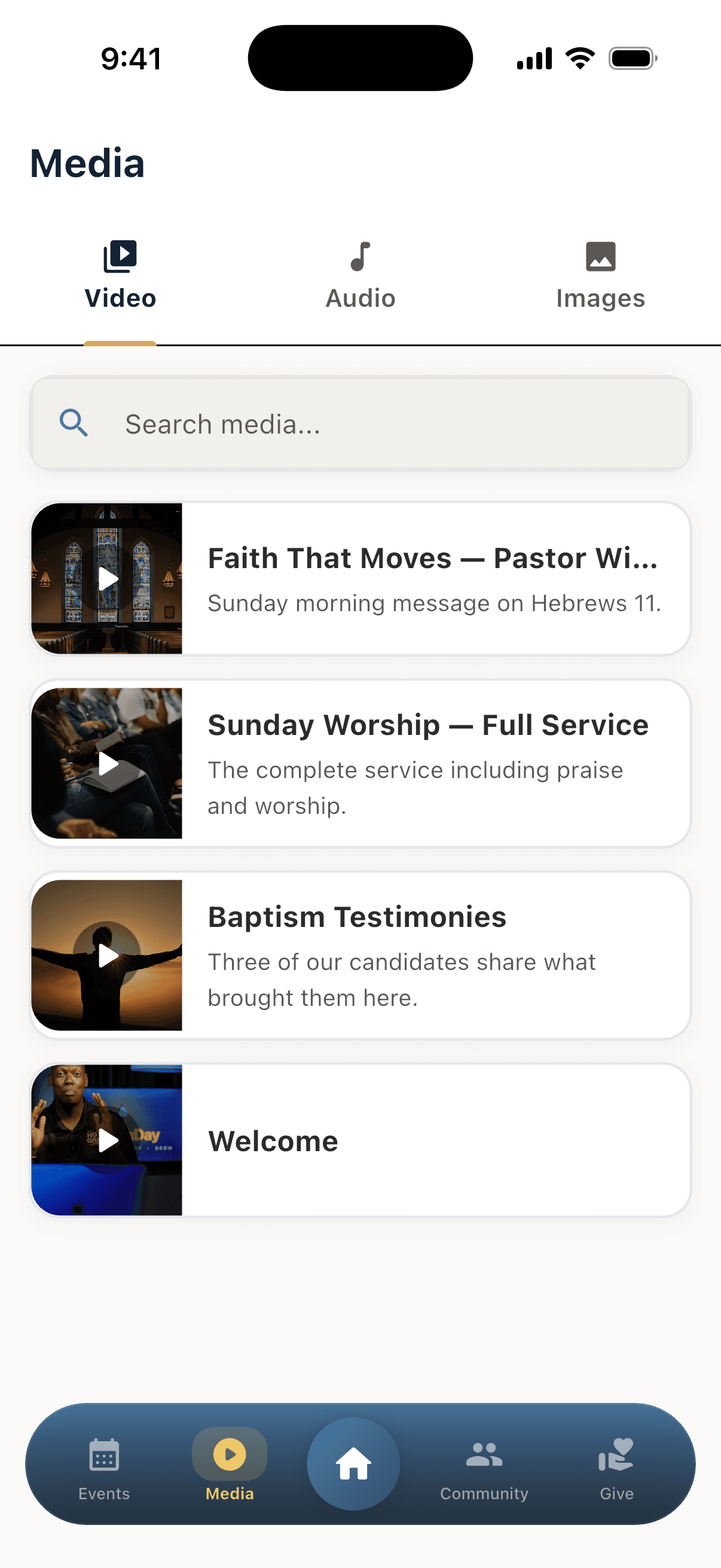 ChurchDay Media tab with sermon videos, audio and photo albums